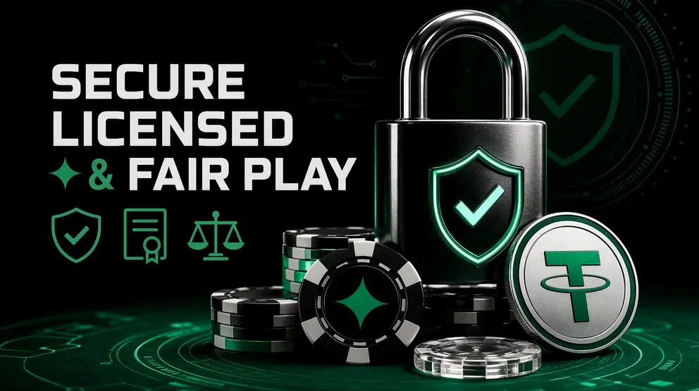 padlock icon over casino chips and USDT stablecoin logo
